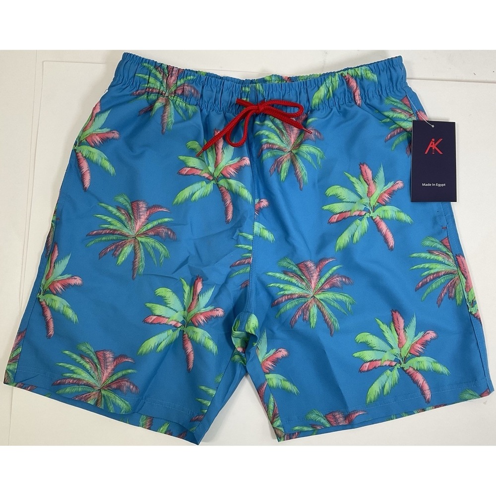 NWT Men's AK Quality Wear Lined Swim Trunks Blue w/ Green Pink Palm Trees Medium